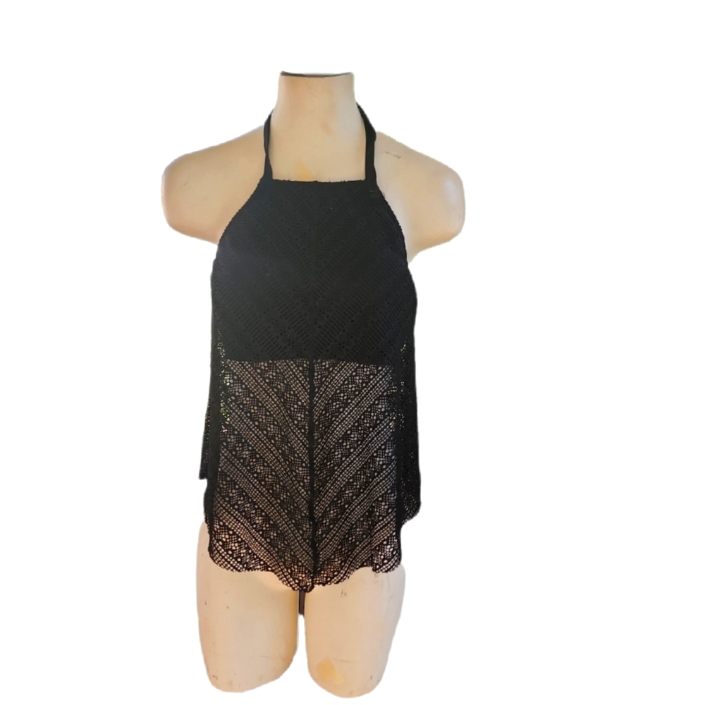 Kona Sol Black Halter Tankini With Solid Bra top and  Mesh Bodice Size Medium